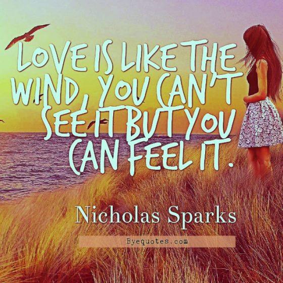 Quote from Byequotes.com - "Love is like the wind, you can't see it but you can feel it". - Nicholas Sparks