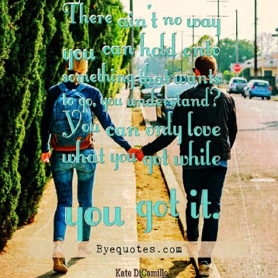 Quote from Byequotes.com - "There ain't no way you can hold onto something that wants to go, you understand? You can only love what you got while you got it". - Kate DiCamillo