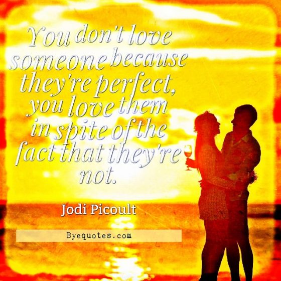 Quote from Byequotes.com - "You don't love someone because they're perfect, you love them in spite of the fact that they're not". - Jodi Picoult
